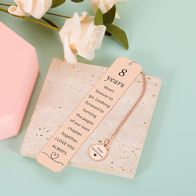 Bronze Anniversary Wedding Gifts for Her Him, 8th Anniversary Bookmark for Husband Wife, 8 Year of Marriage Gift for Men, Rose Gold Steel Gifts for Couples, Romantic Birthday Christmas Gift for Women