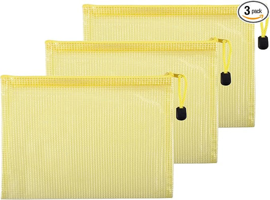 3 Pcs 9.25" x 6.69" A5 Sizes Mesh Zipper Pouch Bags, Mesh Bags with Zipper，Waterproof Clear document pouch for Organization Puzzles Travel, Office, Classroom Organization, A5 Yellow