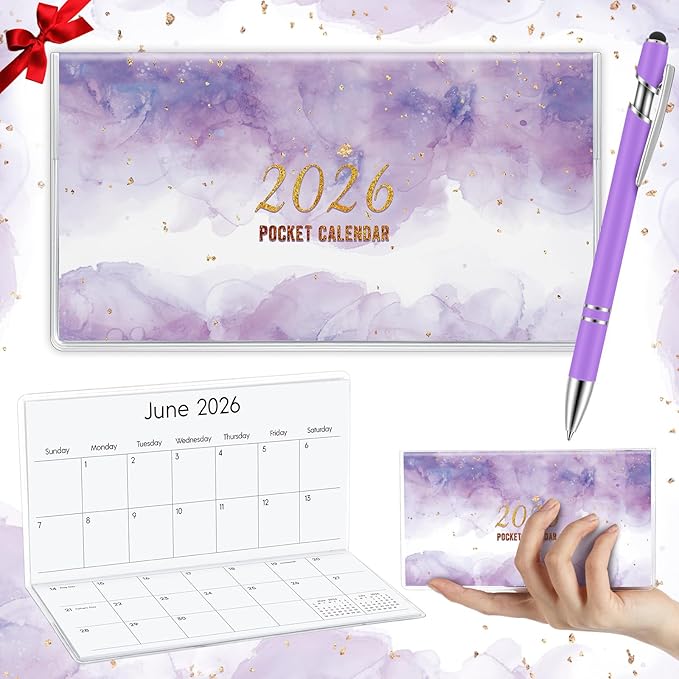 Gueevin 2026 Pocket Calendar for Purse with Pen Small Pocket Planner Handy Weekly Monthly Planner Journal Writing Notebook Valentine New Year Gift Sister Friend Women(Watercolor,Purple)
