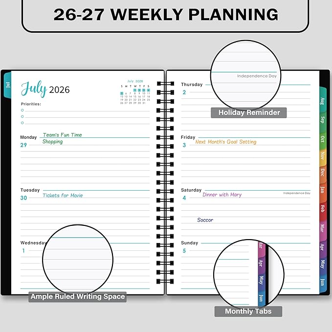 2026-2027 Academic Planner – Jul. 2026 – Jun. 2027, Weekly ＆ Monthly Planner 2026-2027, Calendar Planner, 6.4" x 8.5" with Flexible Cover, Colorful Tabs, Twin-Wire Binding, Inner Pocket, Notes Pages