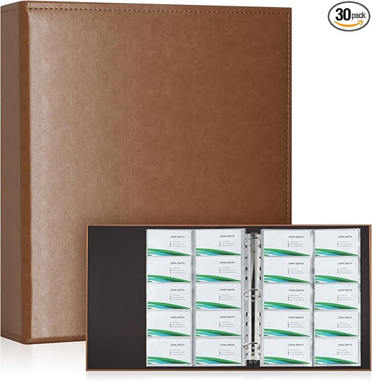 BYSTER A4 Business Card Holder Organizer, PU Leather Card Binder with 30 Pack Sleeves (600 Pockets), Card Holder Book for Credit Cards, Membership Cards, and More - Brown
