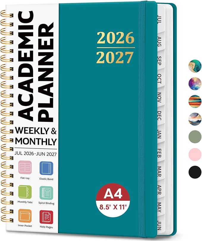 8.5" x 11" Academic Planner 2026-2027, Weekly & Monthly Calendar Planner Book, July 2026 – June 2027, Large Hardcover Organizer with Tabs, Perfect for Teachers, Students, Women & Men – A4, Turquoise