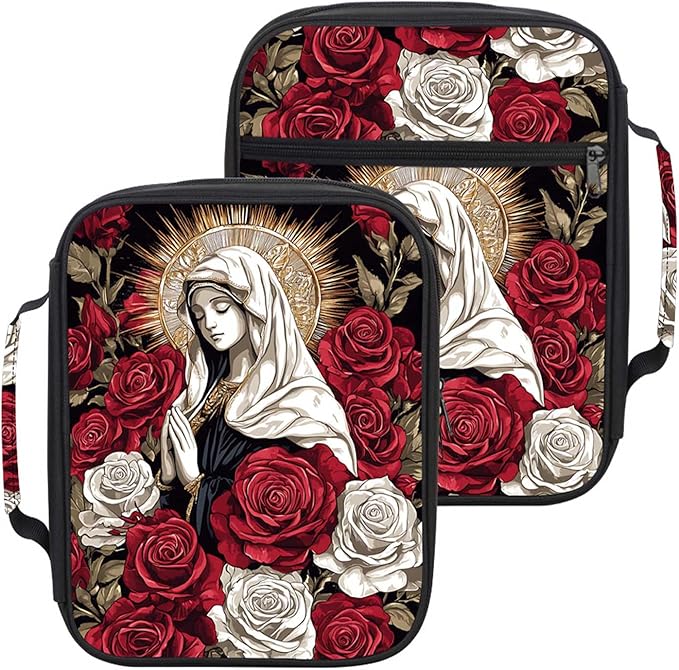 Bible Cover for Women with Zipper and Handle, Virgin Mary Catholic Bible Case with Pockets, Scripture Carrying Case Organizer, Christian Gifts for Women, Church Religious Bible Study Bag