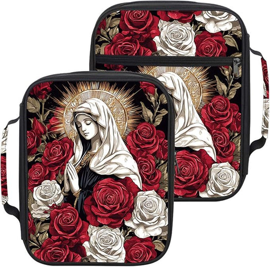 Bible Cover for Women with Zipper and Handle, Virgin Mary Catholic Bible Case with Pockets, Scripture Carrying Case Organizer, Christian Gifts for Women, Church Religious Bible Study Bag