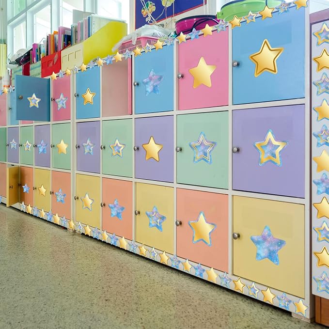 72 Pieces Galaxy Star Cutouts Gold Star Accents Name Tag Labels Paper Classroom Bulletin Board Decoration with Glue Points for Preschool Locker Wall Door Back to School Supplies(5.9 inch, 4 inch)