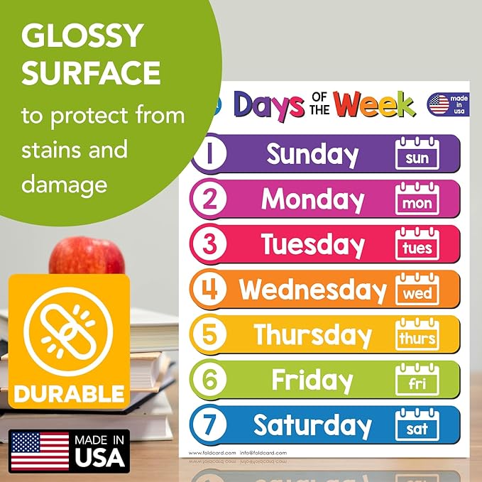 7 Days of the Week Chart for Preschool to Grade 1 Kids – Bright Colorful Educational Visual/Learning Aid Poster Decoration for Classroom or Home | Glossy Durable Cardstock | 8.5" x 11" | 5 per Pack