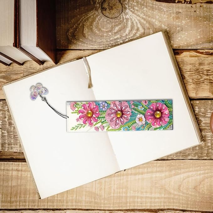 ARTopet 3Pcs DIY Diamond Art Painting Bookmarks with Colorful Butterfly Pendant PET Bookmark Ornament Double Sided Pattern Single Sided Diamond Book Marker Clip Gifts Tags-Flowers03
