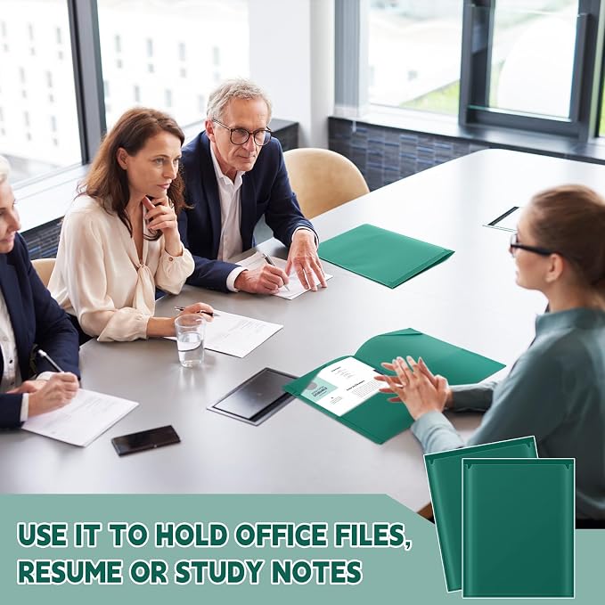 Henoyso 36 Pack Forest Green Plastic Folders with Clear Front Pockets Heavy Duty File Folders with 2 Pockets and Card Slot for Student Communication School Office Presentation Report