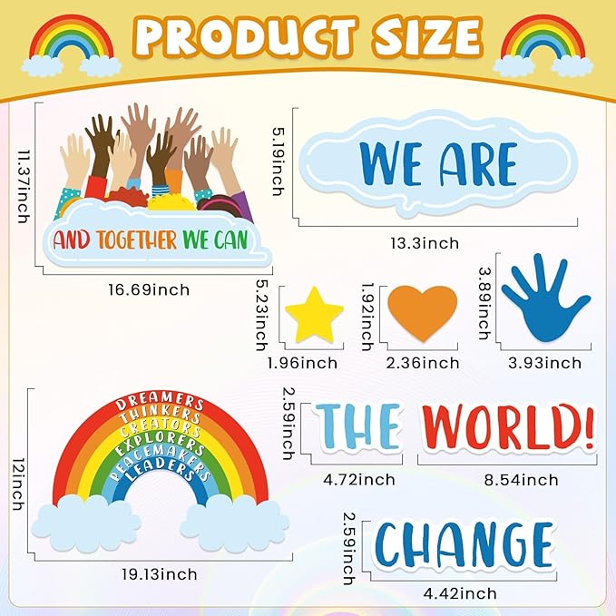 118 Pcs One World Together Classroom Decorations Positive Rainbow Cutouts Motivational Bulletin Board Set Inspirational Classroom Wall Chalkboard Door Decor for Back to School Teacher Supplies