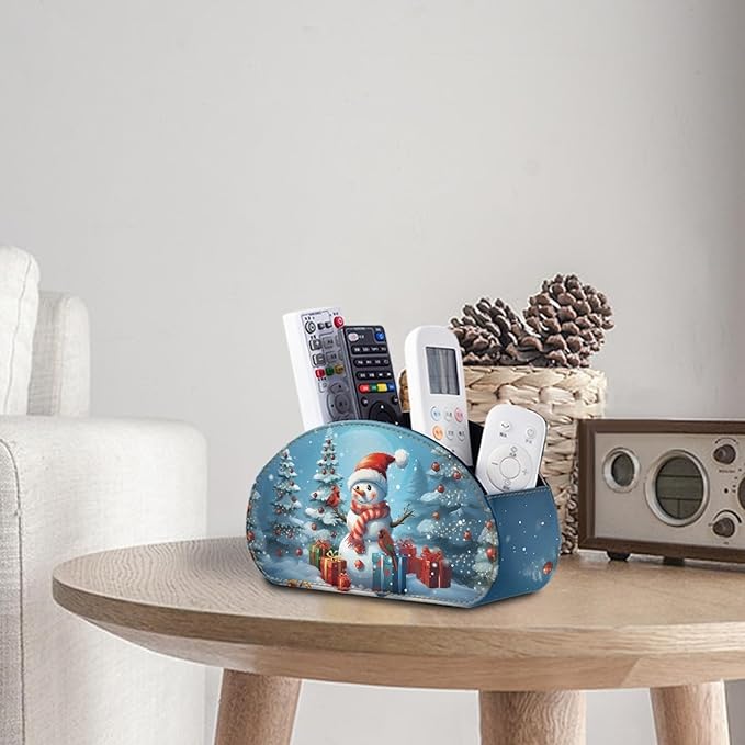 FUSURIRE Cute Snowman Storage Box for Remote Controls, PU Leather Remote Controllers Holder with 5 Compartments, Cosmetic Box Pen Pencil Organizer for Study Living Room Bedrrom Bathroom
