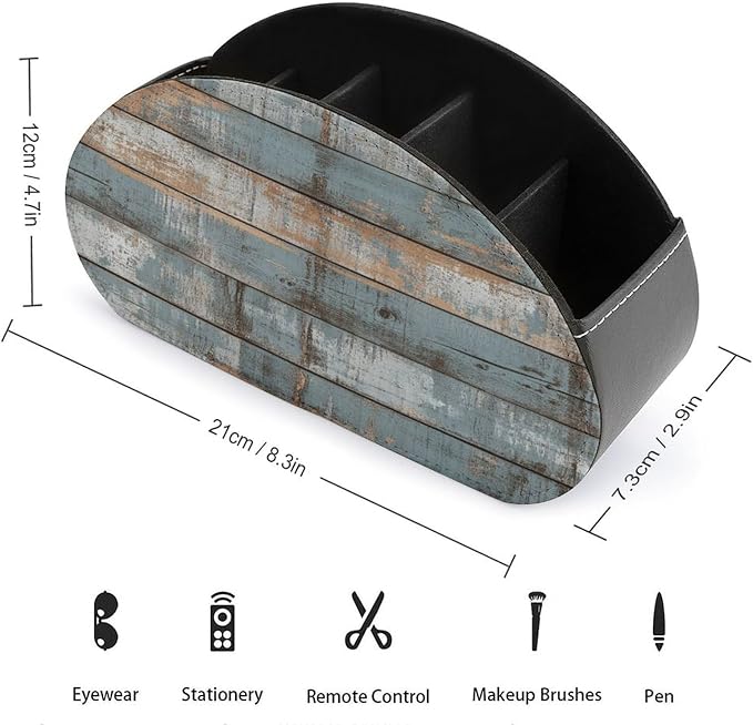 Rustic Weathered Horizontal Planks Wood Remote Control Holder with 5 Compartments Leather TV Remote Caddy Remote Storage Box Desktop Organizer for Pen/TV Remotes/Media Controllers/Office Supplies