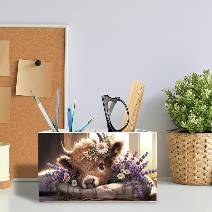Lavender Floral Highland Cow Pen Holder for Desk, Highland Cow Gifts for Women Pencil Organizer, Rustic Purple Flower Heifer Wooden Box Sign Desk Decor for Home Office Decoration