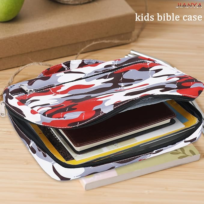 Kids Bible Case Bible Cover for Boys, Scripture Bag for Boys Bible Carrier for Kids with Handle and Zippered Pocket, Camo Red