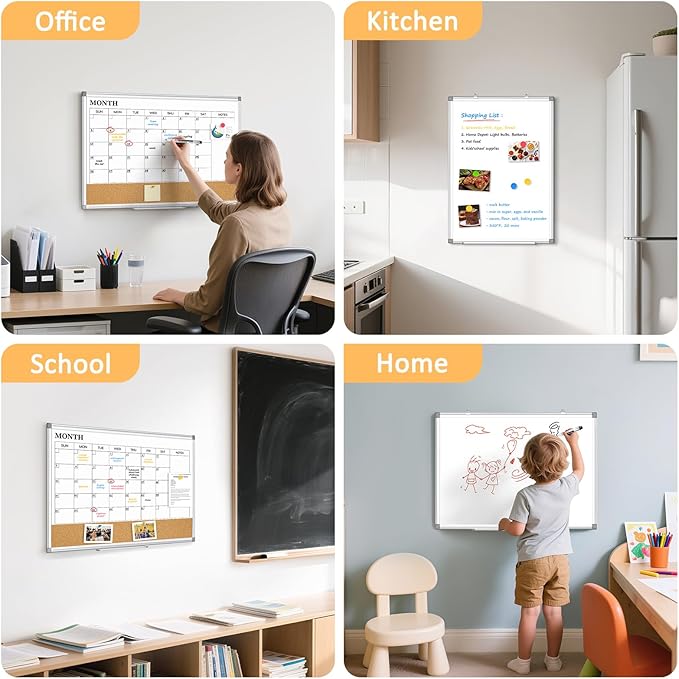 Dry Erase Calendar Whiteboard for Wall, 24"x18" Magnetic Monthly White Board Cork Board Combo, Double Sided, Aluminum Frame, Wall Hanging Wipe Board for Home, Office, School, Dorm