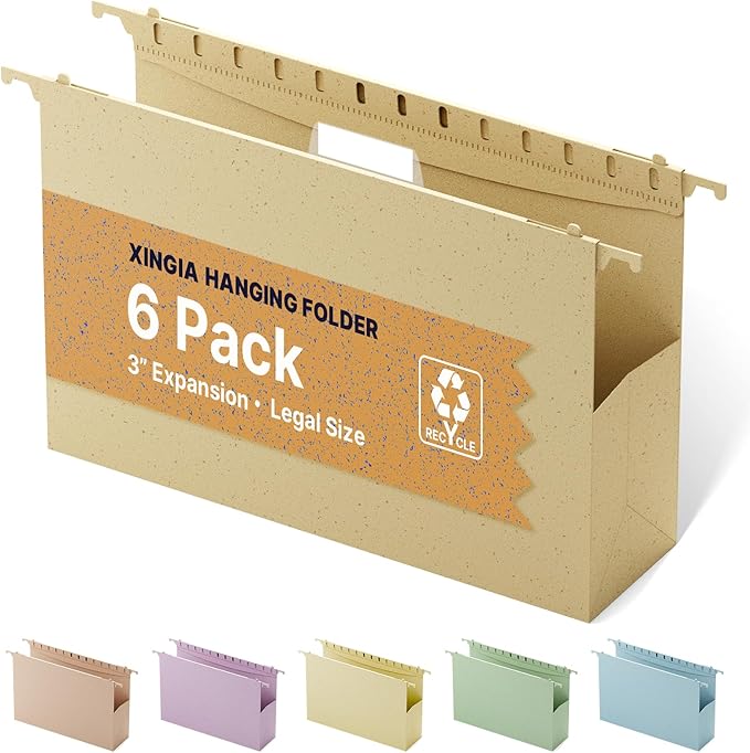 XINGIA Plastic Legal Size Hanging File Folders with Tabs,3 Inch Extra Capacity Filling Cabinet Organizers,6 Pack Wheat Straw Expandable File Folder Organizer for Medical Charts,Heavy Duty Hang Folder