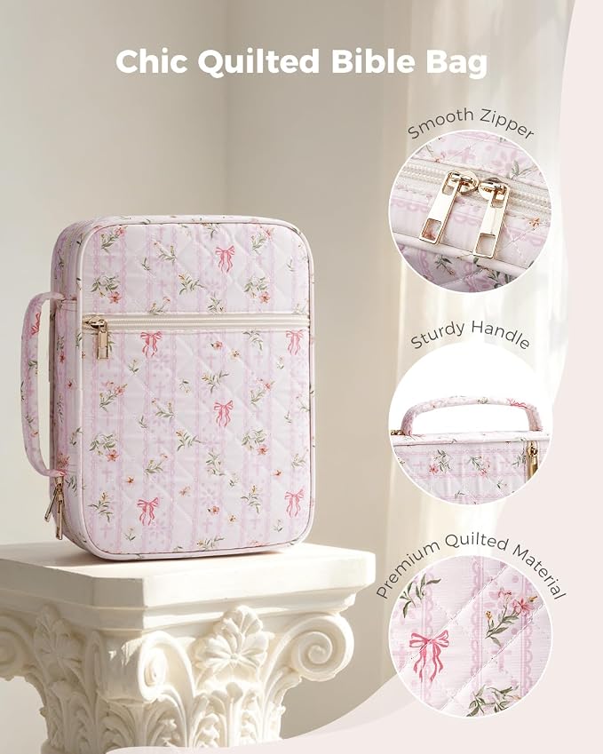 WANDF Bible Cover Case for Women, Quilted Bible Bag with Strap (L,Pink) | Large Capacity, Bible Study Supplies, Church Service, Journaling Accessories, Christian Gifts