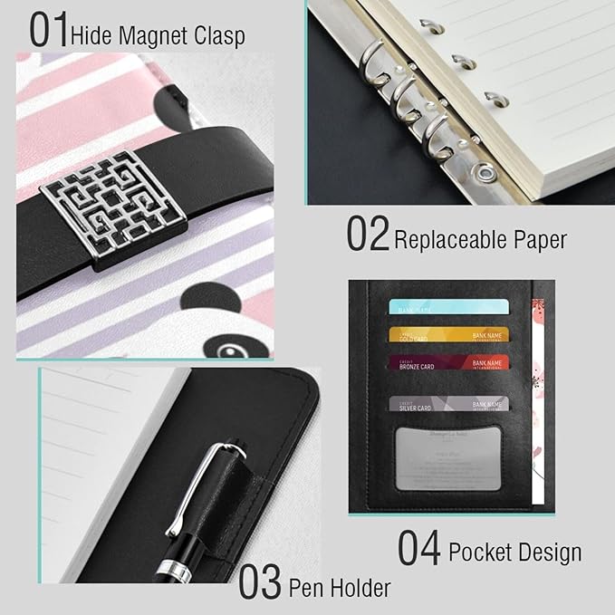Panda Faces Stripes Pink Purple PU Leather Notebook A5 Binder 6 Ring Refillable Journal with Magnetic Buckle Closure Loose Leaf Travel Office Planner Budget Binder Notepad Portfolio