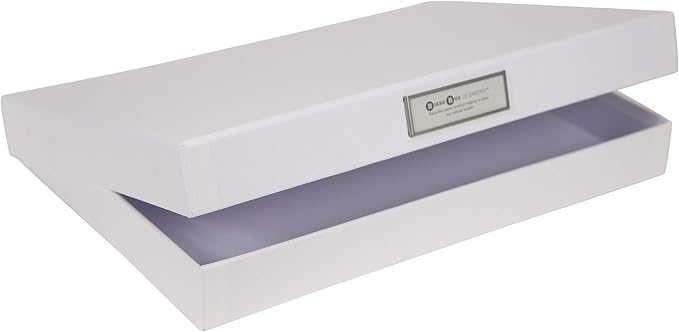 Bigso Sven Fiberboard Classic Hinged Document Box - File Organizer for Important Paperwork - Document Storage Box with Hinged Lid & Metal Label Window - 1.8 in x 13.2 in x 9.3 in - White