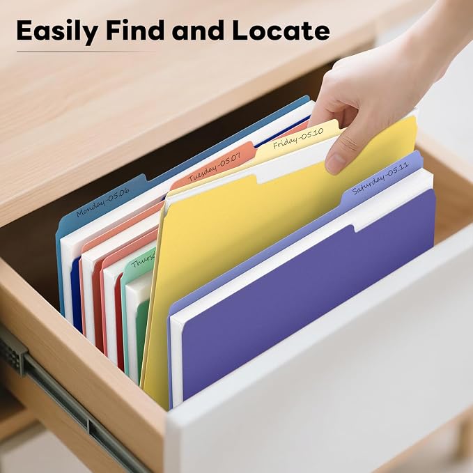 Piasoenc Color File Folders Set of 90, 1/3 Cut Tab, Letter Size Folder for 8.5 x 11 Documents Files, Assorted 6 Colors Filing for Office School Business