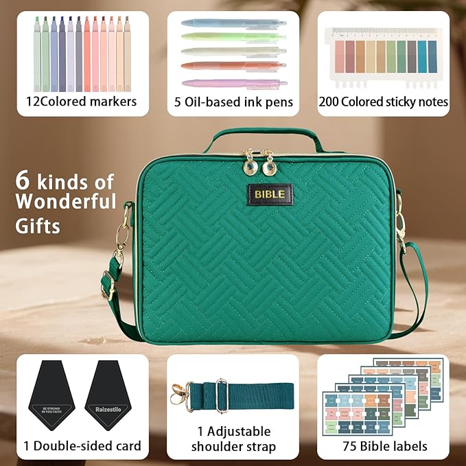 Bible Cover for Women Bible Case, Large Bible Bag, Bible Study Supplies Bible Journaling Kit Book Carrying Case with Bible Highlighters Tabs, Valentines Day Christian Gifts for Women（Pink) (Green)
