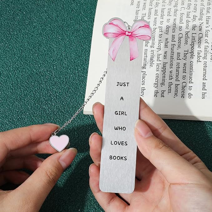 Pink Bowknot Stainless Steel Bookmark - Printed with Cute Bowknot Patterns & Equipped with Heart Pendants, Ideal for Female Readers, Perfect Birthday Gift for Girlfriends (Style B)