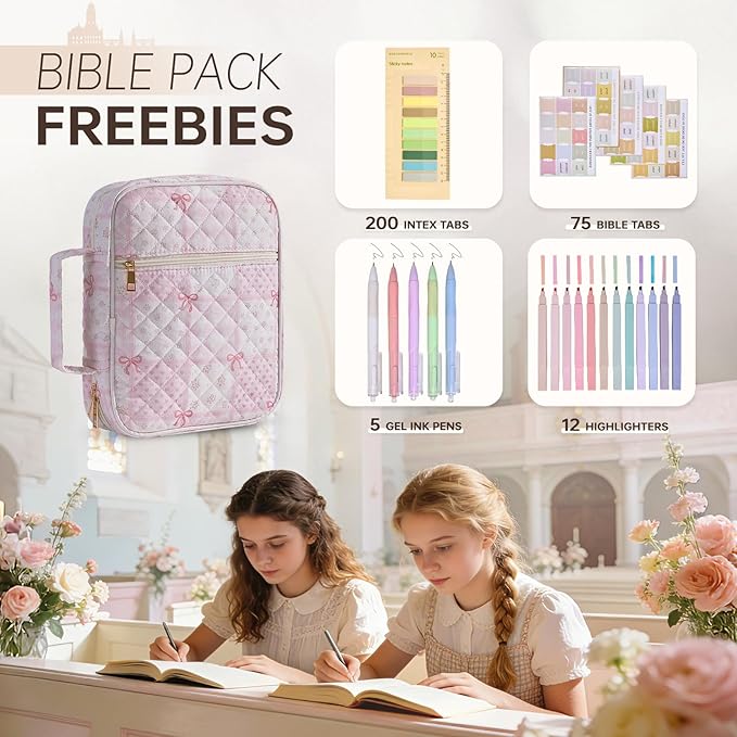 Bible Cover Case for Women Large Bible Cover Bag Quilted Bible Carrying Case for Girls Bible Study Supplies Accessories Christian Gifts for Women (Pink Bow, Large)