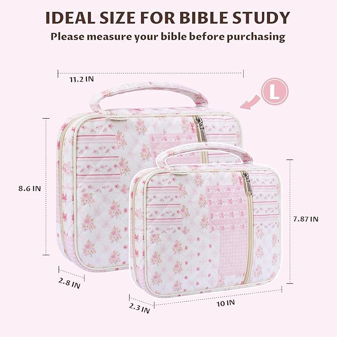 shirabags Quilted Bible Cover Case for Women - Elegant Cotton Bible Bag for Study, Church, Christian Gifts for Women (Pink Bow Patchwork, L)