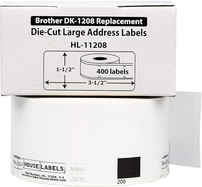 HOUSELABELS Compatible with DK-1208 Replacement Roll for Brother QL Label Printers; 400 Address Labels; 1-1/2" x 3-1/2" (38mm*90mm) - 60 Rolls
