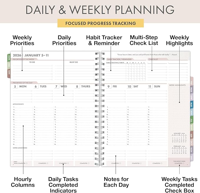Essential PRO 2026 Daily, Weekly & Monthly Planner, 8.5"x11": 14 Months (Nov 2025 - Dec 2026) Monthly Tabs,Daily Tracking,Notes Pages,Storage Pocket,Bookmark w Sticky Notes (Teal Gold Marble)