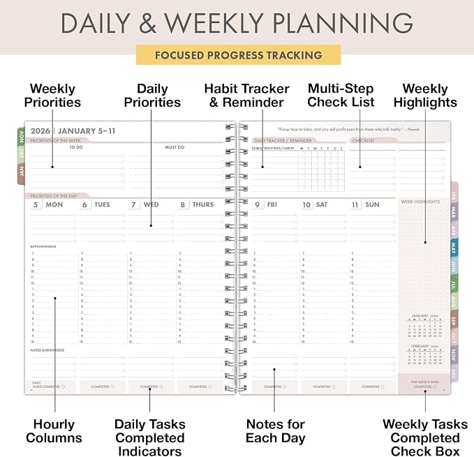 Essential PRO 2026 Daily, Weekly & Monthly Planner, 8.5"x11": 14 Months (Nov 2025 - Dec 2026) Monthly Tabs,Daily Tracking,Notes Pages,Storage Pocket,Bookmark w Sticky Notes (Watercolor Butterflies)