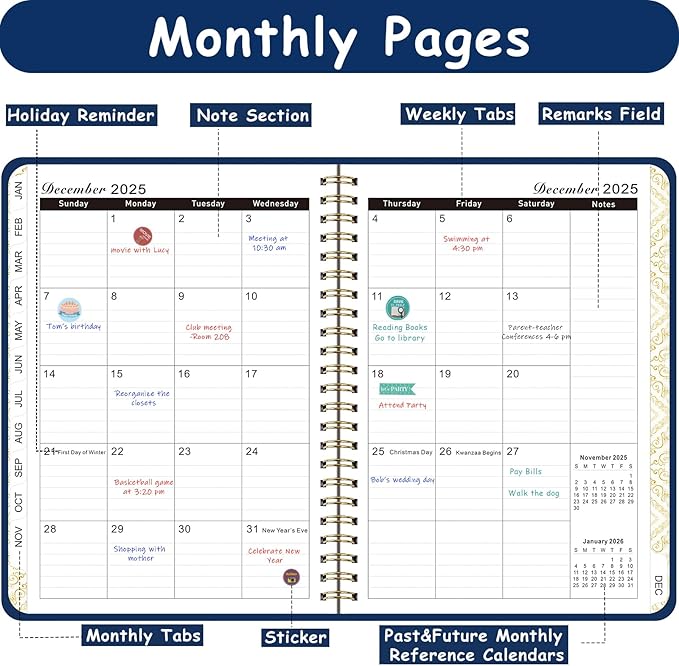 Daily Planner 2025-2026, Monthly and Weekly Calendar Planner with Tabs, July 2025 - Jun 2026, Inner Pocket, 6.2" x 8.5" A5 Size, Perfect for Office Home School Supplies, Spiral Bound, Navy ﻿ ﻿