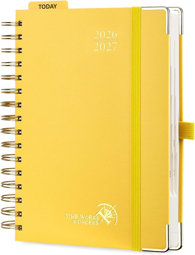 POPRUN 2026-2027 Daily Planner One Page Per Day, 5.75" x 8.5", Academic Daily Calendar Book with July 2026 to June 2027, Hardcover Appointment Book with Hourly Time Slots, Spiral Bound, Monthly Tabs - Light Yellow