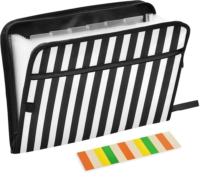 ALAZA Black White Striped 13 Pocket Expanding File Folder with Labels, Accordion File Folder File Organizer Letter A4 Paper for Office School Student