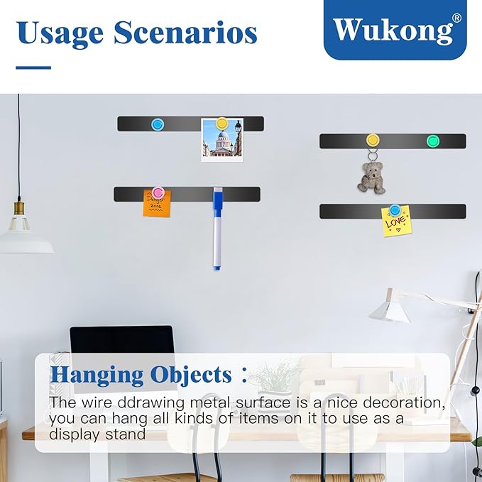 Wukong 6 Pack | 30x3cm(11.81 x 1.18) Magnetic Stainless Black Boards Strips, Adhesive Backing Bulletin Bar Board, Memo Board with 16Pcs Colorful Magnets for Office, Home, Photo Wall, Documents