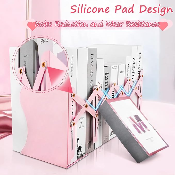 Non Skid Book Ends to Hold Books, Carooyac Heavy Duty Bookends Adjustable Book End, Metal Bookends for Shelves, Pink Book Holders Organizer for Bookshelf Desk - Extends up to 19"