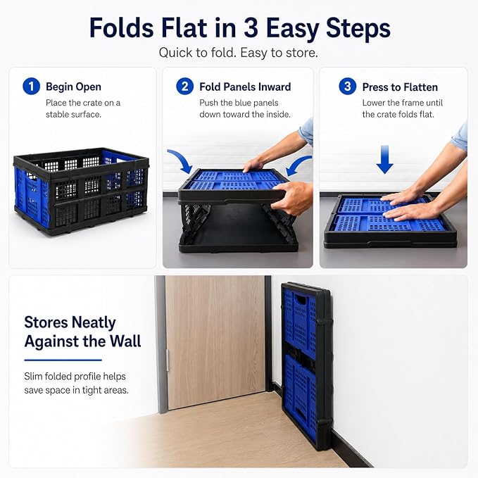 Collapsible Storage Crate, Heavy Duty Foldable Plastic Storage Bin, Stackable Trunk Organizer for Car, Garage, Home & Office, 49L Utility Basket, Blue, 1 Pack