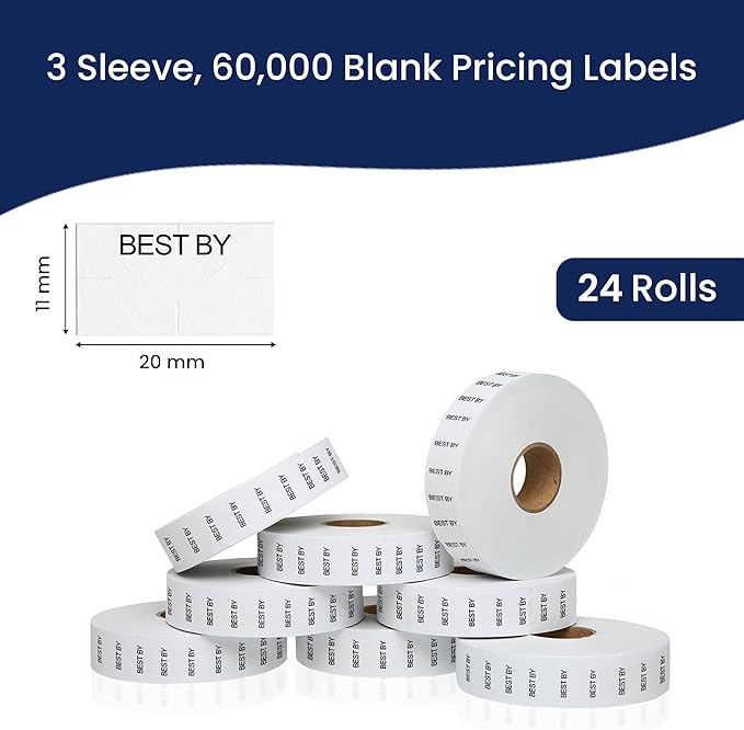 Perco Best BY Labels for Monarch 1131 Price Gun - Buy 2 Sleeves Get 1 Free! 24 Rolls, 60,000 Labels
