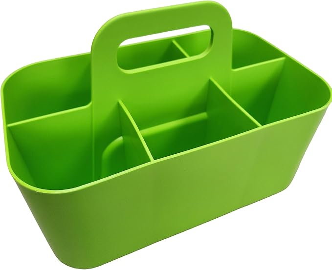 Small Stackable Plastic Caddy with Handle 6 Compartment | Desk, Makeup, Dorm Caddy, Classroom Art Organizers - 4 Pack, Made In USA (Green)