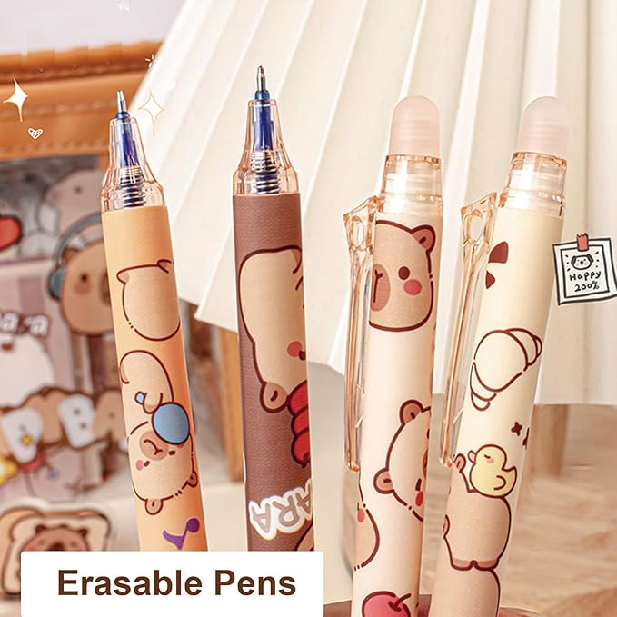 MOZXIRZ 6 Pcs Cute Erasable Retractable Pens Erasable Gel Ink Pens Cartoon Capybara Pen 0.5mm Fine Point Blue Ink Pen Cartoon Writing Pen Office School Pens Women Girls Boys (Blue Ink-Capybara)