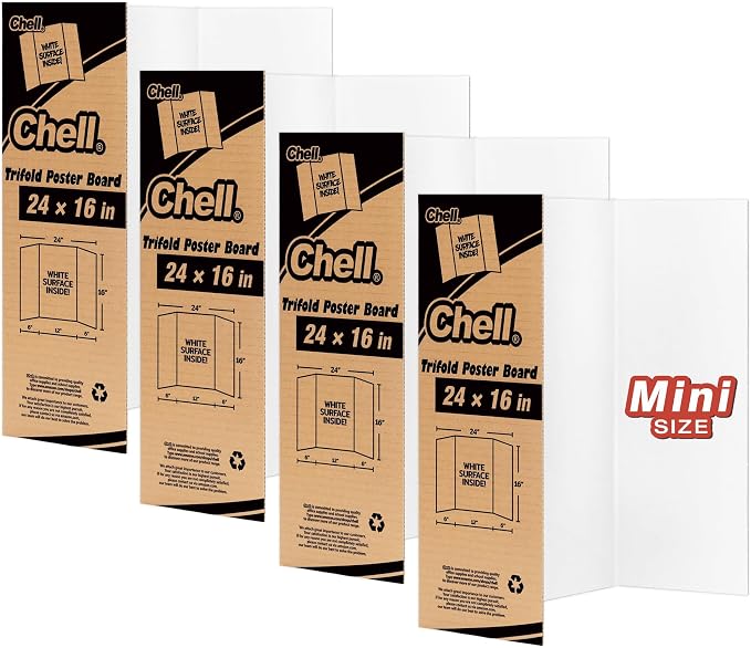 Chell Mini Size Trifold Poster Board, 16" x 24", Small Corrugated Project Boards, White, 4 Pack
