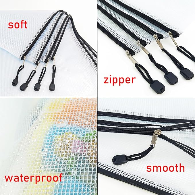 10 Pcs Zipper File Bags, Waterproof Plastic Mesh Pouch for Office School, Board Game Storage Bags (A5 Size 9.2''x6.7'', White and Black)