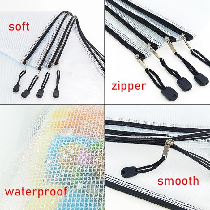 AUSTARK 10 Pcs Zipper File Bags, Waterproof Plastic Mesh Pouch for Office School, Board Game Storage Bags (B5 Size 11.4''x8.2'', White and Black)