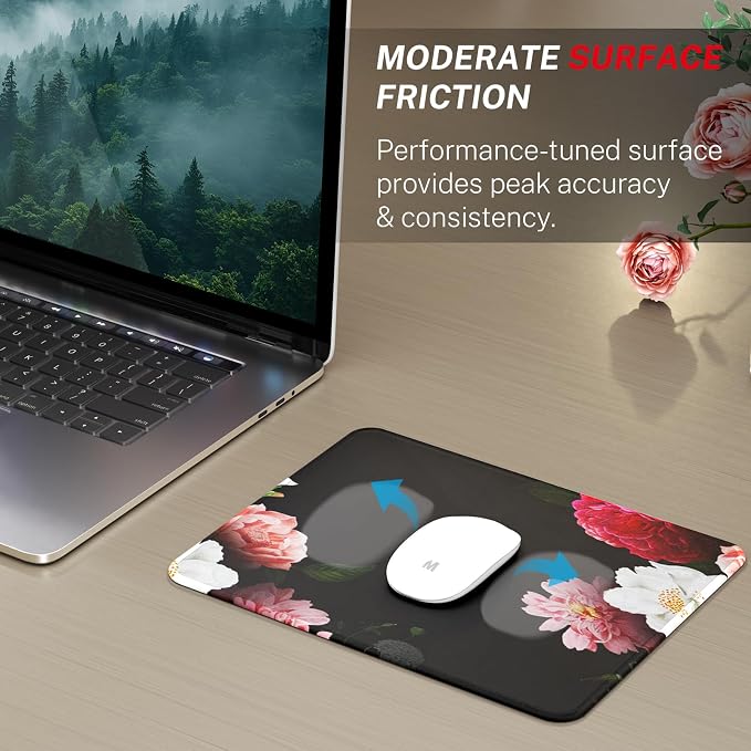MROCO Essential Office & Gaming Mouse Pad, 8.5 x 11 Inch, Black Flower | Anti-Fray Stitched Edges, Functional and Stylish Pattern Design, Non-Slip Rubber Base, Water and Stain Resistant Protection
