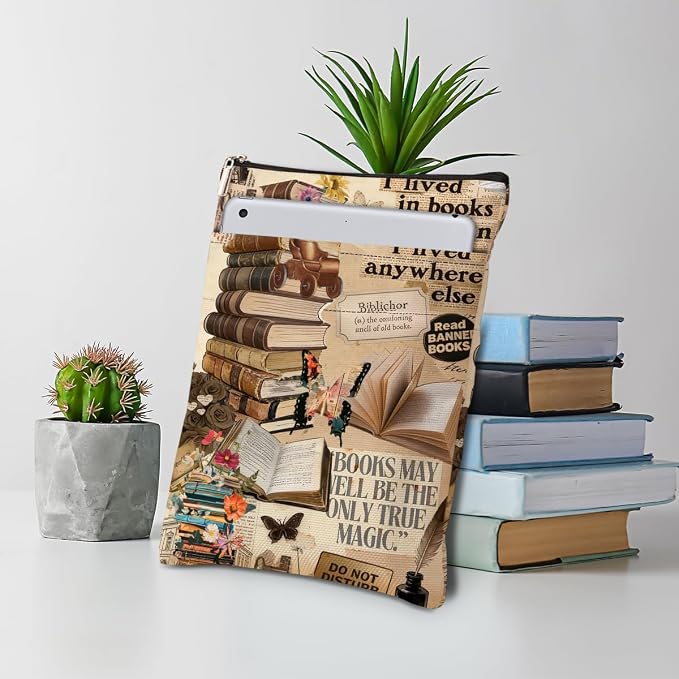 Vintage Book Sleeve, Book Lovers Gifts Sleeve with Zipper & Front Pocket, 11.4x8.8 Inch Canvas Books Cover Protector Bookish Bible Gifts for Readers Librarian Women Teacher