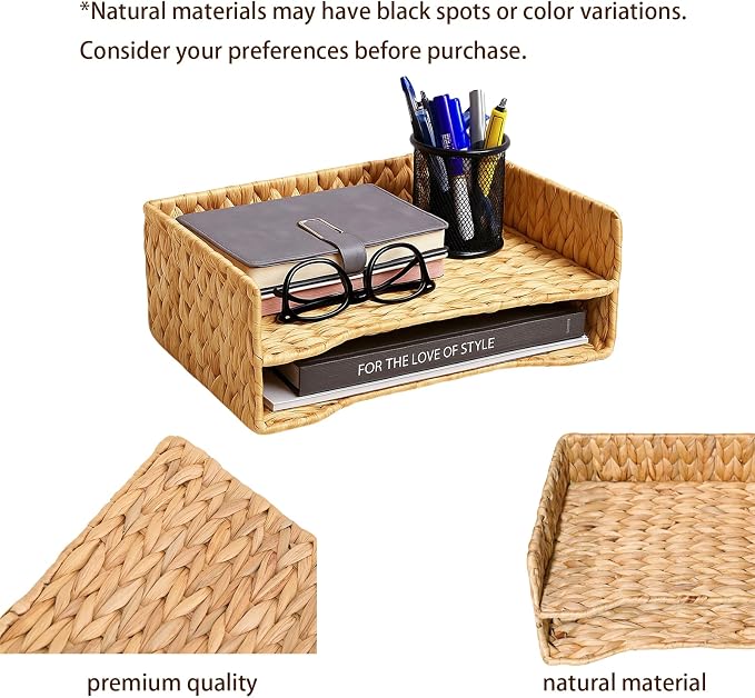 PINXIURY 2-Tier Water Hyacinth Letter Tray – Woven Paper & Mail Organizer for A4 Files, Magazines, Office Documents Desktop File Basket for Home Office Supplies