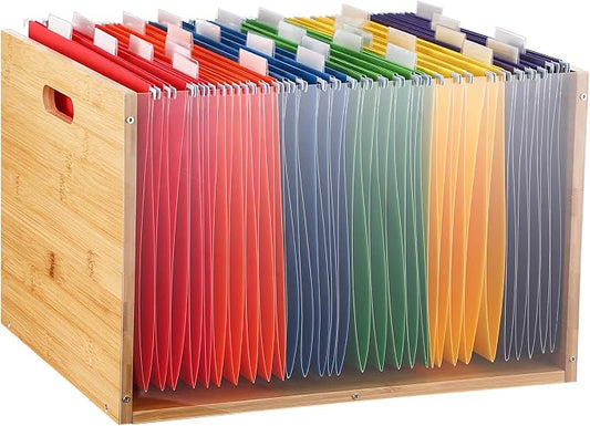 Chiisong Clear Acrylic File Box Hanging File Organizer with 30 Pcs Hanging File Folders Bamboo Hanging Folder Storage Filing Crate Bin Holder with Handle for Home Office Desk Letter Size