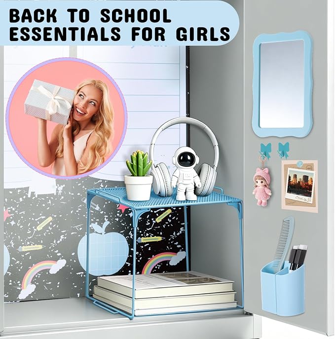 16 Pcs Locker Accessories Kit, School Locker Organizer Set with Shelf, Magnetic Mirror, Pen Holder, Whiteboard Marker, Plush Rug and Wall Decals (Blue)