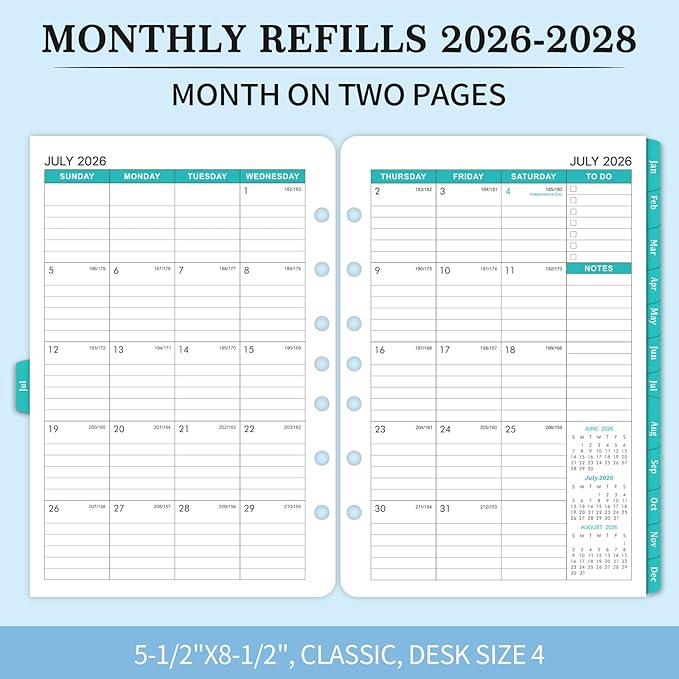 2026-2028 Monthly Planner Refill - Planner Inserts with 7-Hole Punched, 5-1/2" x 8-1/2", Runs from July 2026 to June 2028, Two Pages Per Month, Monthly Calendar with Monthly Tabs