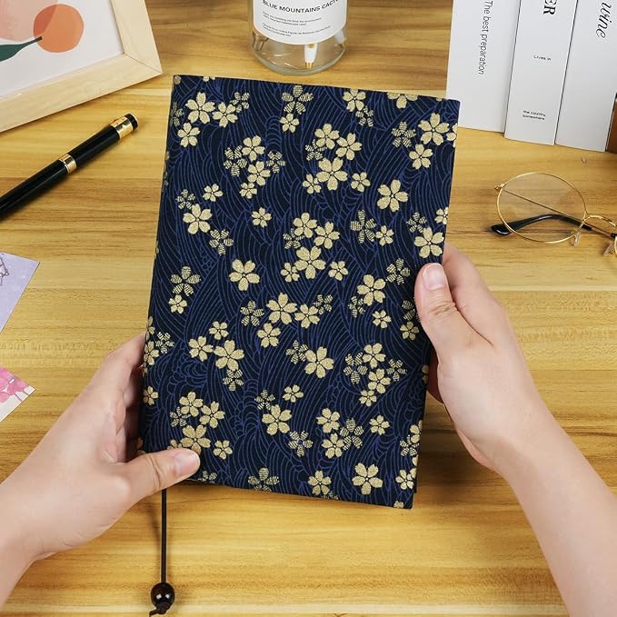 Book Cover for Paperbacks, Book Sleeve Cover for Hardcover, A5 Soft Cloth Book Protector Fit for 5.5×8.2 inch Notebook Textbooks Softcover Book Novels Bible - Navy Blue Cherry Blossom Pattern