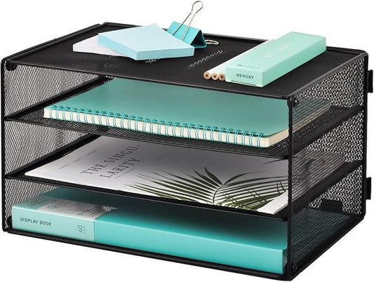 EASEPRES 3 Tier Mesh Desk Organizer Tray, File Paper Letter Folder Holder Desktop Paper Sorter Mail Organization Rack Storage Accessories, for Office Home School Classroom, Black